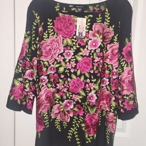 Karen Kane Black Blouse with Pink and Green Floral Design